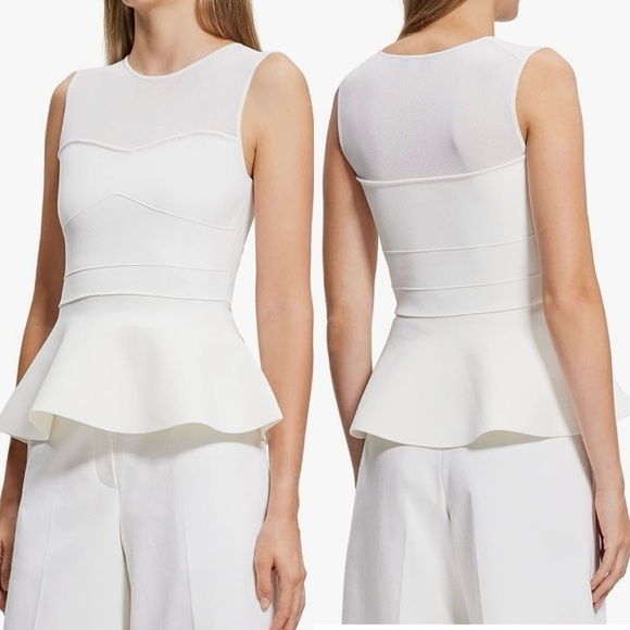 NWOT Theory White Yoke Shell Compact Crepe Peplum Blousesz M - Picture 1 of 6